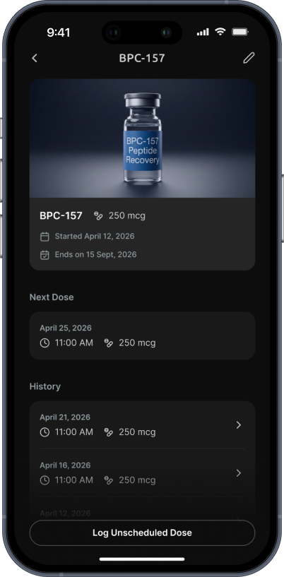 Smartphone screen showing BPC-157 peptide recovery app with dose details, including next dose on April 25, 2026 at 11:00 AM, and history of past doses.