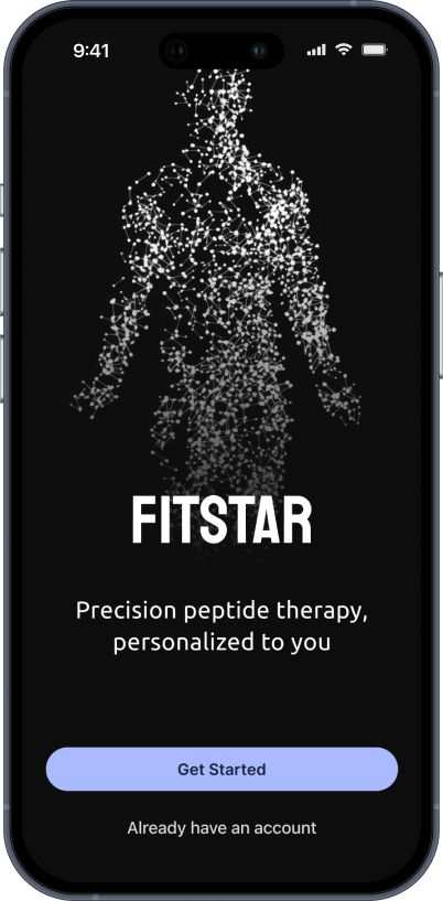 Mobile screen showing FitStar app with a digital human figure made of white nodes and lines, text reads 'Precision peptide therapy, personalized to you' and a blue Get Started button.