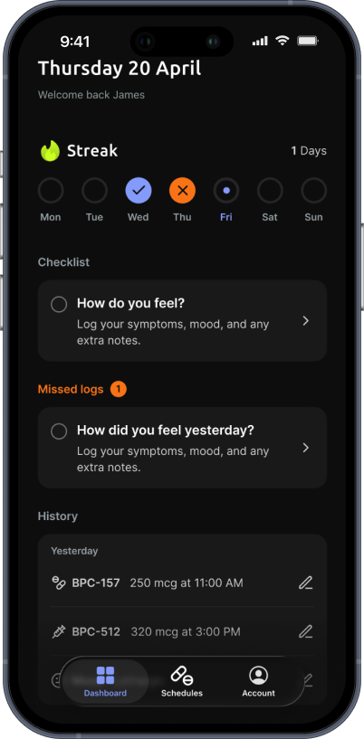 Mobile app screen showing FITSTAR with a digital human figure made of connected white dots and lines, text reads 'Precision peptide therapy, personalized to you', and a 'Get Started' button.