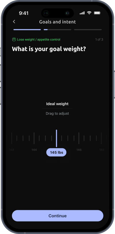 Mobile app screen titled Goals and intent asking 'What is your goal weight?' with a draggable slider set to 145 lbs and a Continue button below.